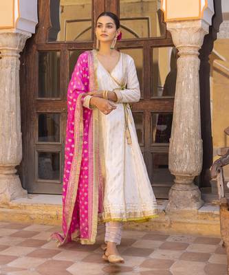 White angarkha anarkali set with embroidered dupatta 1