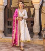 White angarkha anarkali set with embroidered dupatta