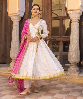White angarkha anarkali set with embroidered dupatta 2