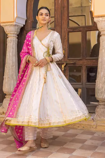 White angarkha anarkali set with embroidered dupatta