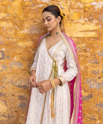 White angarkha anarkali set with embroidered dupatta 3