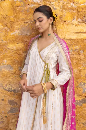 White angarkha anarkali set with embroidered dupatta
