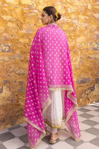 White angarkha anarkali set with embroidered dupatta