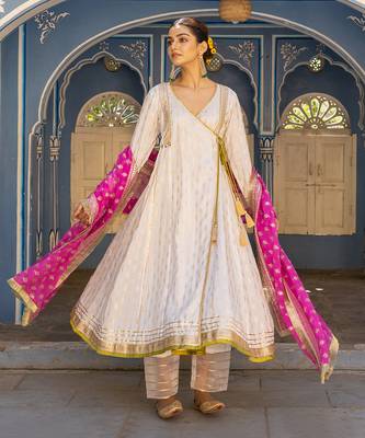 White angarkha anarkali set with embroidered dupatta 5