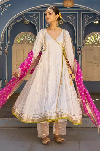 White angarkha anarkali set with embroidered dupatta