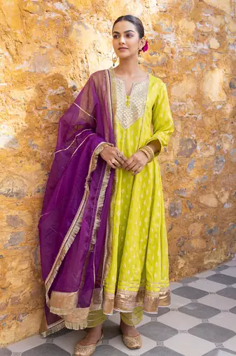 Lime green gota embroidered anarkali set