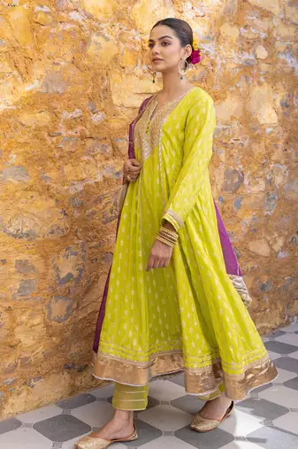 Lime green gota embroidered anarkali set
