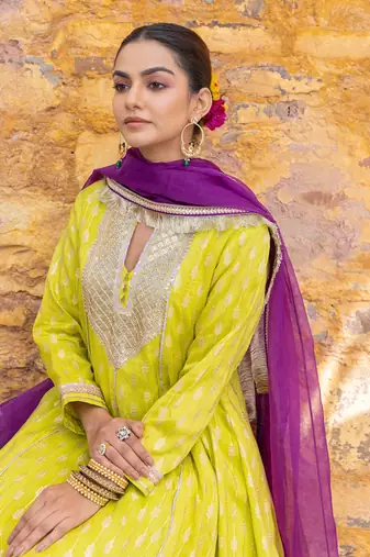 Lime green gota embroidered anarkali set