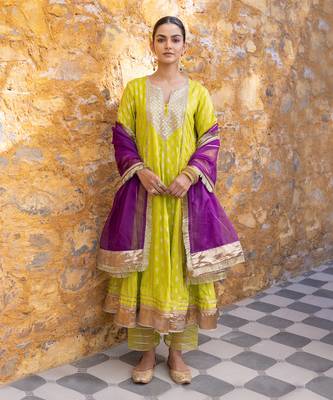 Lime green gota embroidered anarkali set 1
