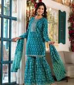 teal floral,sequins work kurta sharara with dupatta set