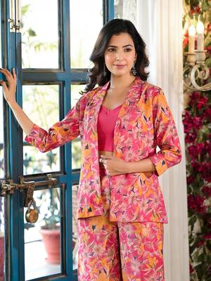 women hot pink silk blend floral print crop top and palazzo with jacket co-ord set 2