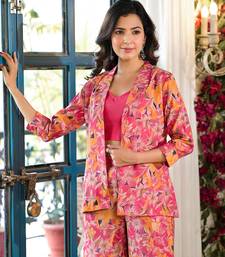 women hot pink silk blend floral print crop top and palazzo with jacket co-ord set