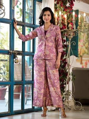  pink chanderi silk floral print crop top and palazzo with jacket co-ord set 1
