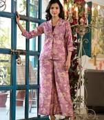  pink chanderi silk floral print crop top and palazzo with jacket co-ord set