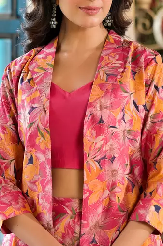 women hot pink silk blend floral print crop top and palazzo with jacket co-ord set