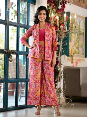women hot pink silk blend floral print crop top and palazzo with jacket co-ord set 1