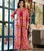women hot pink silk blend floral print crop top and palazzo with jacket co-ord set