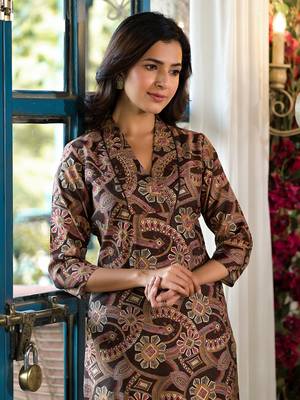  brown silk blend geometric print co-ord set 2