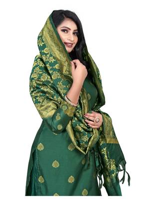 JHEENU Women's Dark Green Banarasi Jacquard Woven Design Unstitched Dress Material  6