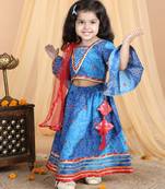 Kidcetra Cotton Bandhini Lehenga choli with bell sleeves and a contrast dupatta - Blue