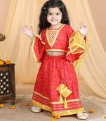 Kidcetra Cotton Bandhini Lehenga choli with bell sleeves and a contrast dupatta - Red