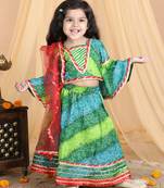 Kidcetra Cotton Bandhini Lehenga choli with bell sleeves and a contrast dupatta - Green