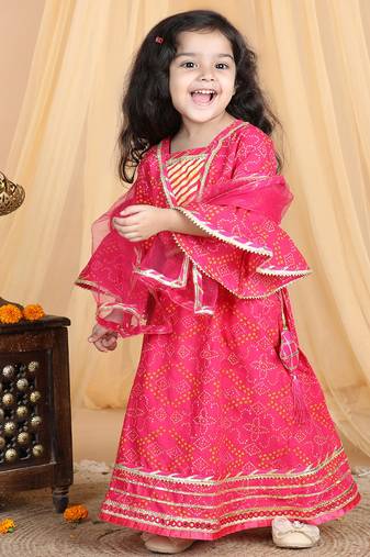 Kidcetra Cotton Bandhini Lehenga choli with bell sleeves and a dupatta - Pink