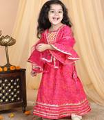 Kidcetra Cotton Bandhini Lehenga choli with bell sleeves and a dupatta - Pink