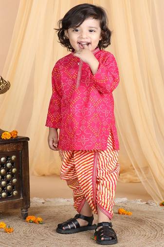 Kidcetra Bandhini Kurta with Leheriya dhoti - Pink