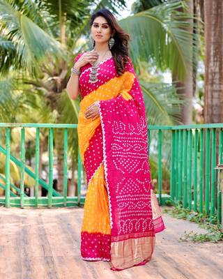 YELLOW BEAUTIFUL BANDHEJ PRETTY SAREE 1