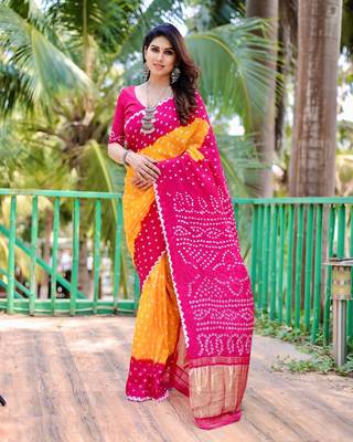 YELLOW BEAUTIFUL BANDHEJ PRETTY SAREE 2