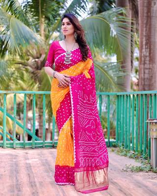 YELLOW BEAUTIFUL BANDHEJ PRETTY SAREE 3