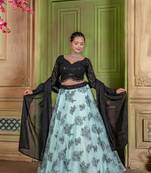 EILARA WOMEN'S SKY ORGANZA EMBROIDERED WITH SEQUANCE WORK FLOWER DESIGN LEHENGA CHOLI