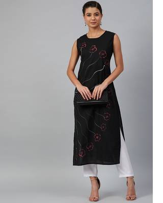 Women Black Sleeveless Hand Painted Straight Kurta 1
