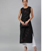 Women Black Sleeveless Hand Painted Straight Kurta