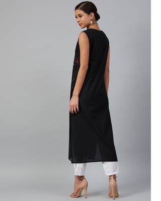 Women Black Sleeveless Hand Painted Straight Kurta 2