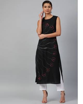 Women Black Sleeveless Hand Painted Straight Kurta 4
