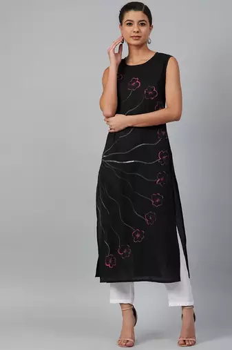 Women Black Sleeveless Hand Painted Straight Kurta