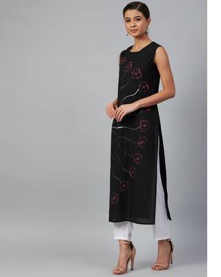 Women Black Sleeveless Hand Painted Straight Kurta 5