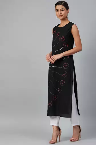 Women Black Sleeveless Hand Painted Straight Kurta