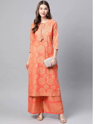 Women Peach Ethnic Printed Kurta and Palazzo Set 5