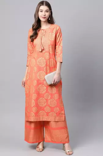 Women Peach Ethnic Printed Kurta and Palazzo Set