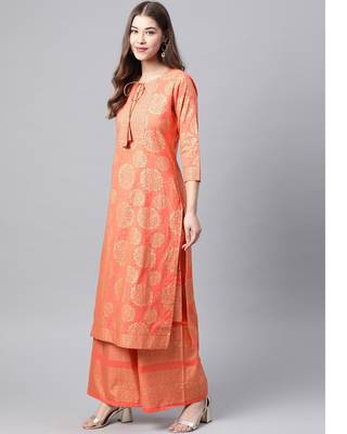 Women Peach Ethnic Printed Kurta and Palazzo Set 6