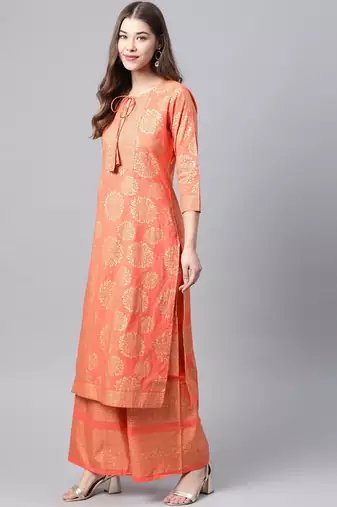 Women Peach Ethnic Printed Kurta and Palazzo Set