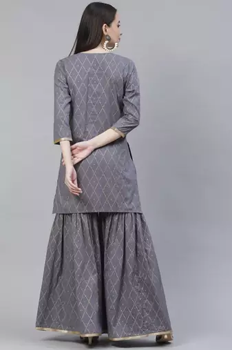 Women Grey Geometric Print Kurta Sharara Set