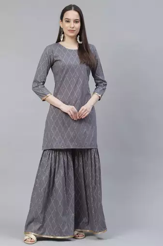 Women Grey Geometric Print Kurta Sharara Set