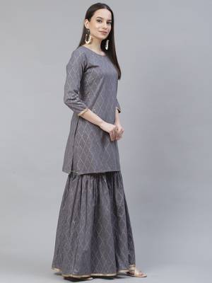 Women Grey Geometric Print Kurta Sharara Set 6
