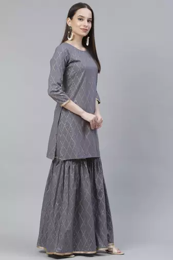 Women Grey Geometric Print Kurta Sharara Set