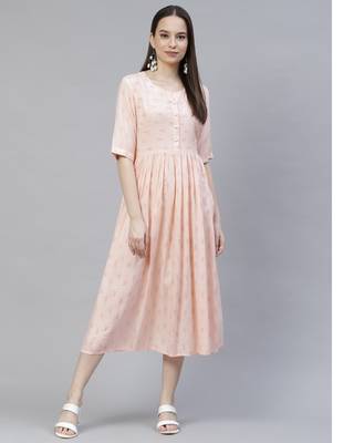 Women Blush Peach Ikat Print Midi Dress 1