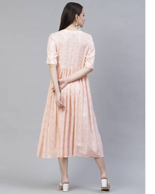 Women Blush Peach Ikat Print Midi Dress 2